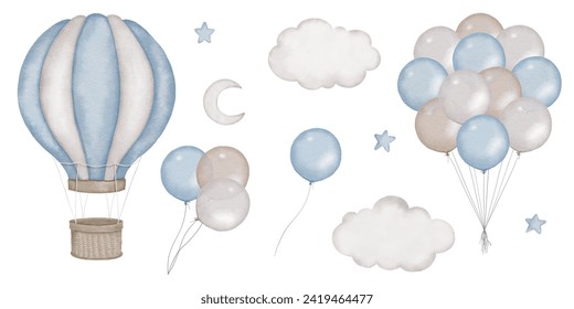 Baby shower invitation elements - hot air balloon basket, air ballons, clouds, moon, stars. Announcement, birthday party, newborn event. Watercolor clipart drawing, template, print, poster, pattern. - Powered by Shutterstock