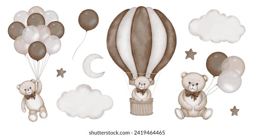 Baby shower invitation elements - teddy bear, hot air balloon basket, air ballons, clouds, moon, stars. Announcement birthday party newborn event. Watercolor drawing, template, print, poster, pattern. - Powered by Shutterstock