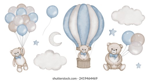 Baby shower invitation elements - teddy bear, hot air balloon basket, air ballons, clouds, moon, stars. Announcement birthday party newborn event. Watercolor drawing, template, print, poster, pattern. - Powered by Shutterstock