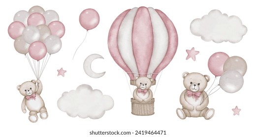 Baby shower invitation elements - teddy bear, hot air balloon basket, air ballons, clouds, moon, stars. Announcement birthday party newborn event. Watercolor drawing, template, print, poster, pattern. - Powered by Shutterstock