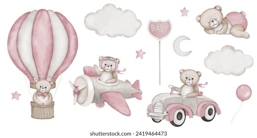 Baby shower invitation elements - teddy bear, hot air balloon basket, airplane, car, moon, stars, clouds. Announcement birthday party newborn event. Watercolor drawing, template, print poster pattern. - Powered by Shutterstock