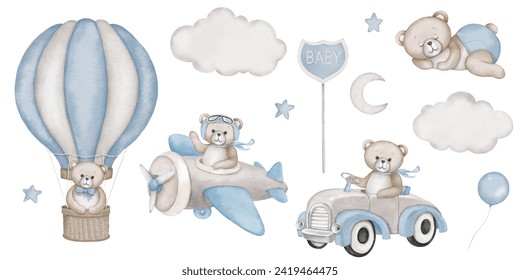 Baby shower invitation elements - teddy bear, hot air balloon basket, airplane, car, moon, stars, clouds. Announcement birthday party newborn event. Watercolor drawing, template, print poster pattern. - Powered by Shutterstock