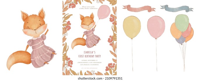 Baby Shower Invitation Template, Baby Fox Invite, Woodland Animal Fox Set For Invitation, Baby Girl Birthday, Flying With Baloon, Fox Print, Baby Fox Postcard, Watercolor Hand Drawn Illustration