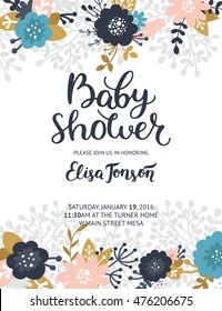 Baby Shower Invite. Boho Floral Card With Flowers, Arrows, Feathers, Branches, Hand Drawn Text And Gold Decorative Elements