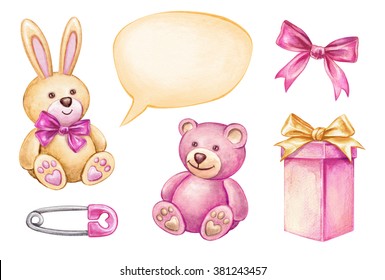 Baby Shower Isolated Design Elements, Watercolor Illustration, Newborn Girl Products, Birthday Plush Toys, Gift Box