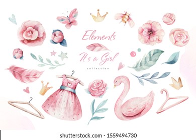 Baby shower kid swan watercolor girl design cartoon elements. Set of baby pink birthday balloon toy dress illustration. Newborn party invitation - Powered by Shutterstock