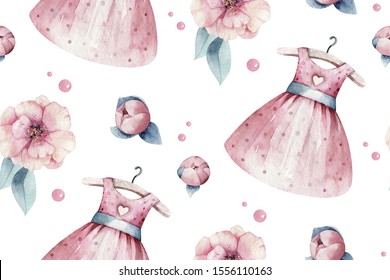 Baby Shower Kid Swanfloral Watercolor Girl Seamless Pattern Butterfly Cartoon Elements. Set Of Baby Pink Dress And Baby's Bootees Birthday Illustration. Newborn Rainbow Party Invitation