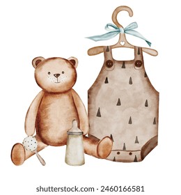 Baby shower watercolor invitation card. Composition of children's clothes on a hanger, a teddy bear and a bottle of rattle. Ideal for baby shower cards, clothing store tags, logos - Powered by Shutterstock