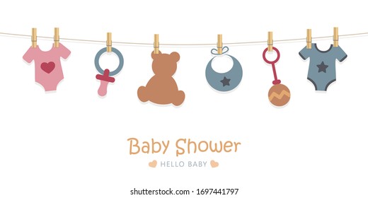 baby shower welcome greeting card for childbirth with hanging utensils illustration - Powered by Shutterstock