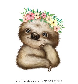 Baby Sloth Digital Cartoon Illustration, Cute Sloth With Flower Wreath, Tropical Animal