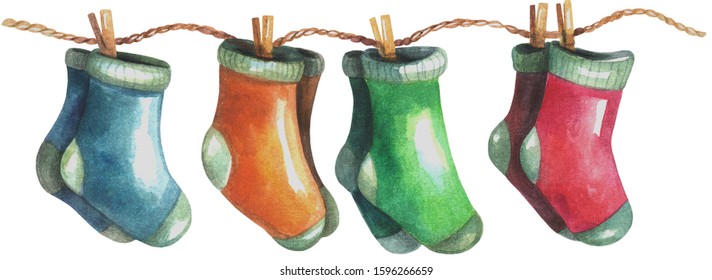Baby Socks On Clothes Line. Watercolor Painting Isolated On White Background.