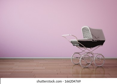 Baby stroller on pink wall with wooden floor