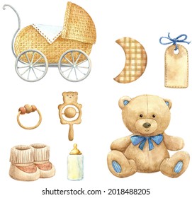 Baby Stuff Watercolor Set Isolated Toys Bear Carriage Beige