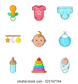 Baby Supplies Icons Set. Cartoon Illustration Of 9 Baby Supplies  Icons For Web