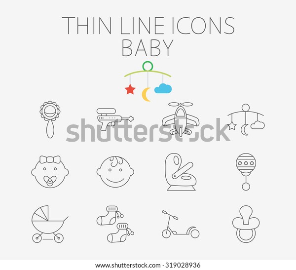 Baby thin line  icon set for web and mobile
applications. Set includes - gun, car seat, nipple, airplane,
rattle, crib toy, boy, baby girl, pram, socks, scooter. Pictogram,
infographic
element.