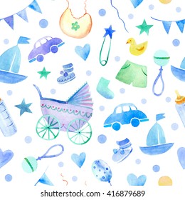 Baby Things Seamless Pattern.Newborn Boy Attributes.Watercolor Hand Drawn Illustration.Stroller,bottle,clothing And Other Objects.