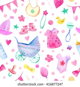 Baby Things Seamless Pattern.Newborn Girl Attributes.Watercolor Hand Drawn Illustration.Stroller,bottle,clothing And Other Objects.