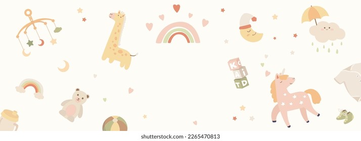 Baby toys horizontal web banner. Kids rainbow, bottle, teddy bear, crescent moon, unicorn, bodysuit and other newborn elements. Illustration for header website, cover templates in modern design - Powered by Shutterstock