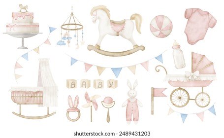 Baby Toys watercolor set with rocking Horse, pram and cradle for cute girl in pastel pink colors. Illustration garland and stroller for child party greeting cards or kids birthday invitations. - Powered by Shutterstock