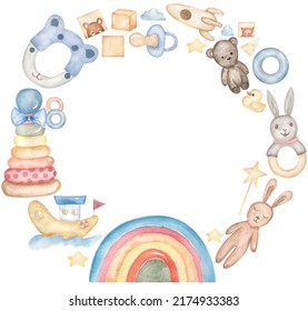 Baby Toys Wreath Clipart, Watercolor Kids Frame, Vintage Nursery Eco Toys Illustration, Newborn Teething Toy Clip Art, Card Printing, Rainbow Clip Art, Baby Shower Graphics