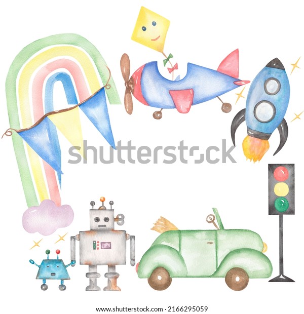 Baby Transport Toys Wreath Clipart,\
Watercolor Cute Kids Frame, Vintage Robots toys illustration,\
Newborn Rainbow clip art, Card printing, Baby Shower\
graphics