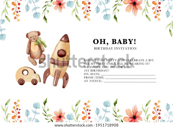 Baby watercolor birthday invitation template,\
bear, car and rocket, woodwn\
toys
