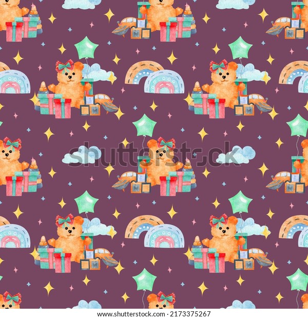 Baby watercolor\
seamless pattern on isolated  background. Teddy bear, gifts. For\
greeting cards, stationery, wrapping paper, wallpaper, splash\
screen, social media,\
etc.