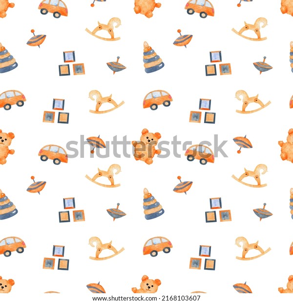 Baby watercolor seamless pattern. Pyramid, whirligig\
toy, wooden horse toy, cube toy, teddy bear, toy car. For greeting\
cards, stationery, wrapping paper, wallpaper, splash screen, social\
media, etc.