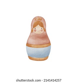 Baby Watercolor Vintage Matryoshka Doll Wooden Toy Illustration. Isolated On White Background