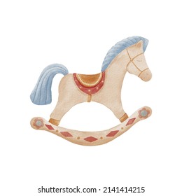 Baby Watercolor Vintage Rocking Horse Wooden Toy Illustration. Isolated On White Background
