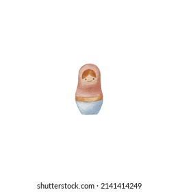 Baby Watercolor Vintage Wooden Matryoshka Doll Toy Illustration. Isolated On White Background