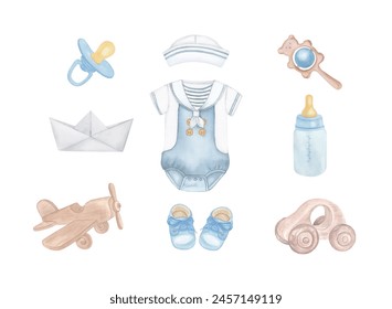 Baby watercolour illustration. Newborn baby boy clipart set. Hand drawing of baby wooden toys and clothes for baby showers, backgrounds, greeting cards, etc. - Powered by Shutterstock