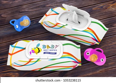 Baby Wet Wipes Package with Pacifiers on a wooden table. 3d Rendering 