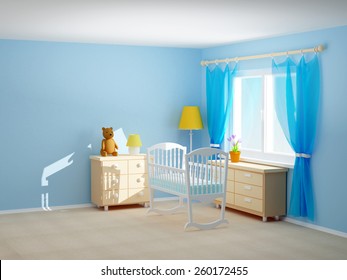 Baby's Bedroom With Cradle, Commode And Bear. Empty Room, 3d Illustration.