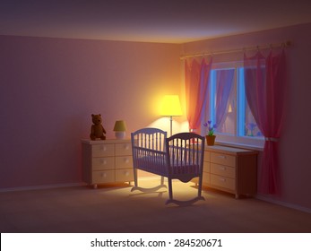 Baby's Bedroom With Cradle At Night. Empty Room, 3d Illustration.