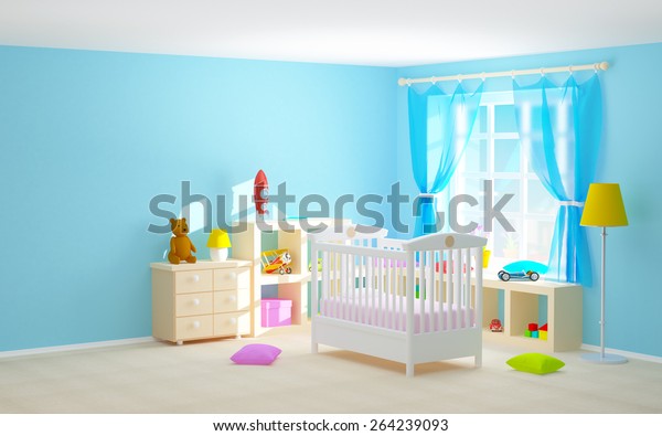 Baby\'s bedroom with crib, shelves with\
toys, commode and bear. 3d\
illustration.