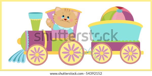 Baby\'s\
illustration with kitty and blue\
train