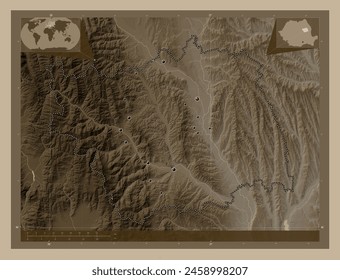 Bacau, county of Romania. Elevation map colored in sepia tones with lakes and rivers. Locations of major cities of the region. Corner auxiliary location maps