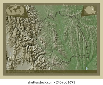 Bacau, county of Romania. Elevation map colored in wiki style with lakes and rivers. Locations of major cities of the region. Corner auxiliary location maps