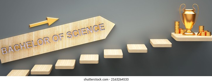 Bachelor Of Science Leads To Money In Business - Symbolized By Stairs And A Bachelor Of Science Sign Pointing At A Money To Show That Bachelor Of Science Helps Becoming Rich, 3d Illustration