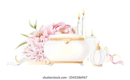 Bachelorette party floral template with vintage accessories, white jewelry box, gold perfume bottle, tall candles and pink peonies flowers watercolor isolated illustration. Retro beauty little things - Powered by Shutterstock