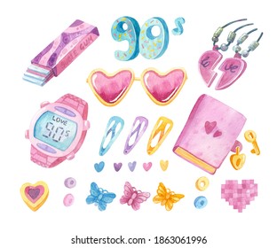 Back To The 90s. Retro Toys, Sunglasses, Heart Pendant, Chewing Gum, Wrist Watch, Personal Diary, Sweets, Hair Clips. Girly Watercolor Clipart.