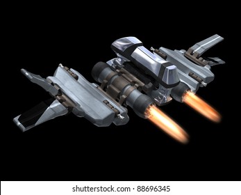 Back and above view of a StarFighter in action with a black background