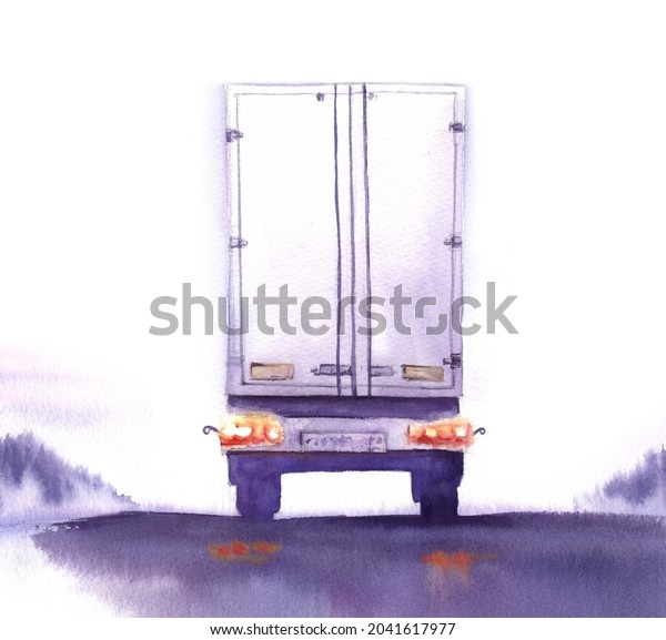 Back of abstract big truck driving off into\
the distance along. glowing headlights mirrored on raw road. Hand\
drawn watercolor background\
illustration.