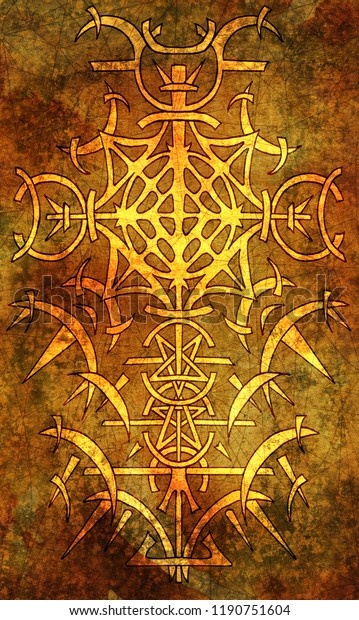 タロットカードの裏表紙のデザイン 古いテクスチャ背景に金色のゴシック柄 密教 オカルト ハロウィーンのコンセプト 神秘的な記号を持つイラトス のイラスト素材