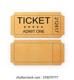 Back and front sides of a general admission ticket. The ticket is yellow in colour. It has a kraft paper like  look and a retro style. It is isolated on white background. Clipping path is included.
