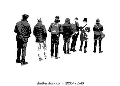 Back perspective view people queing isolated graphic illustration