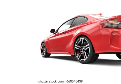 Back Of A Red Luxury Car Isolated On A White Background Isolated On A White Background: 3D Rendering