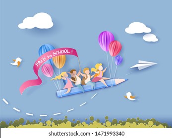 Back to school 1 september card. Children flying on pencil with air balloons. Paper cut style illustration - Powered by Shutterstock