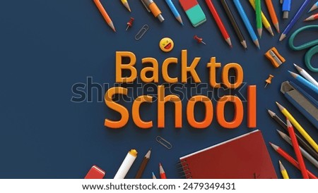 Back to school 3d lettering surrounded by pencils and lots of school supplies on blue background, with lateral copy space.